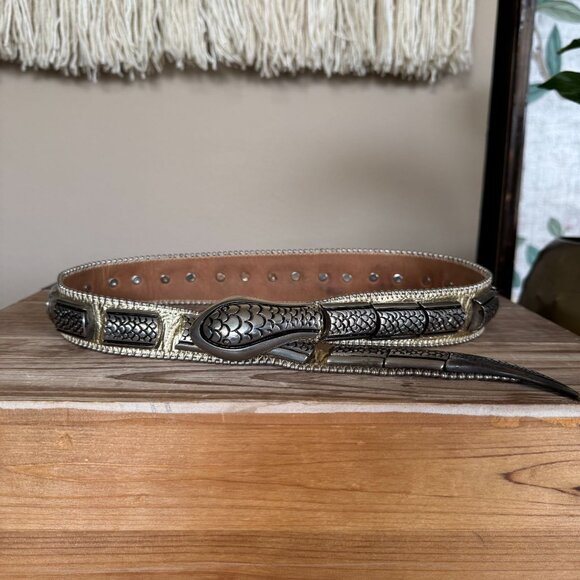 Vintage Streets Ahead Viper Belt Gold Leather Silver Scales Head Tail Closure - Picture 1 of 11